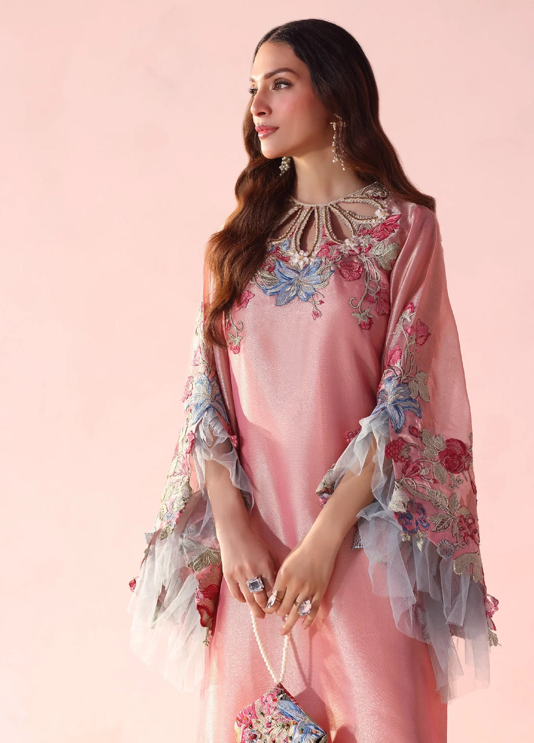 Eterna by Musferah Saad Pret Embroidered Tissue Kaftaan Moonlit Blush - Festive Collection