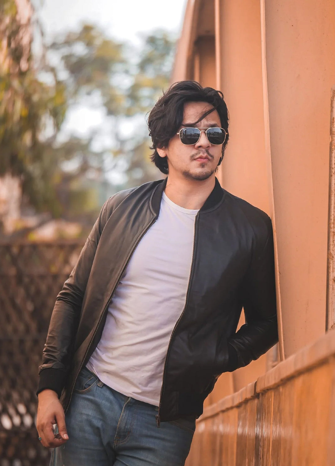 Bomber Style Mens Leather Jacket-Black