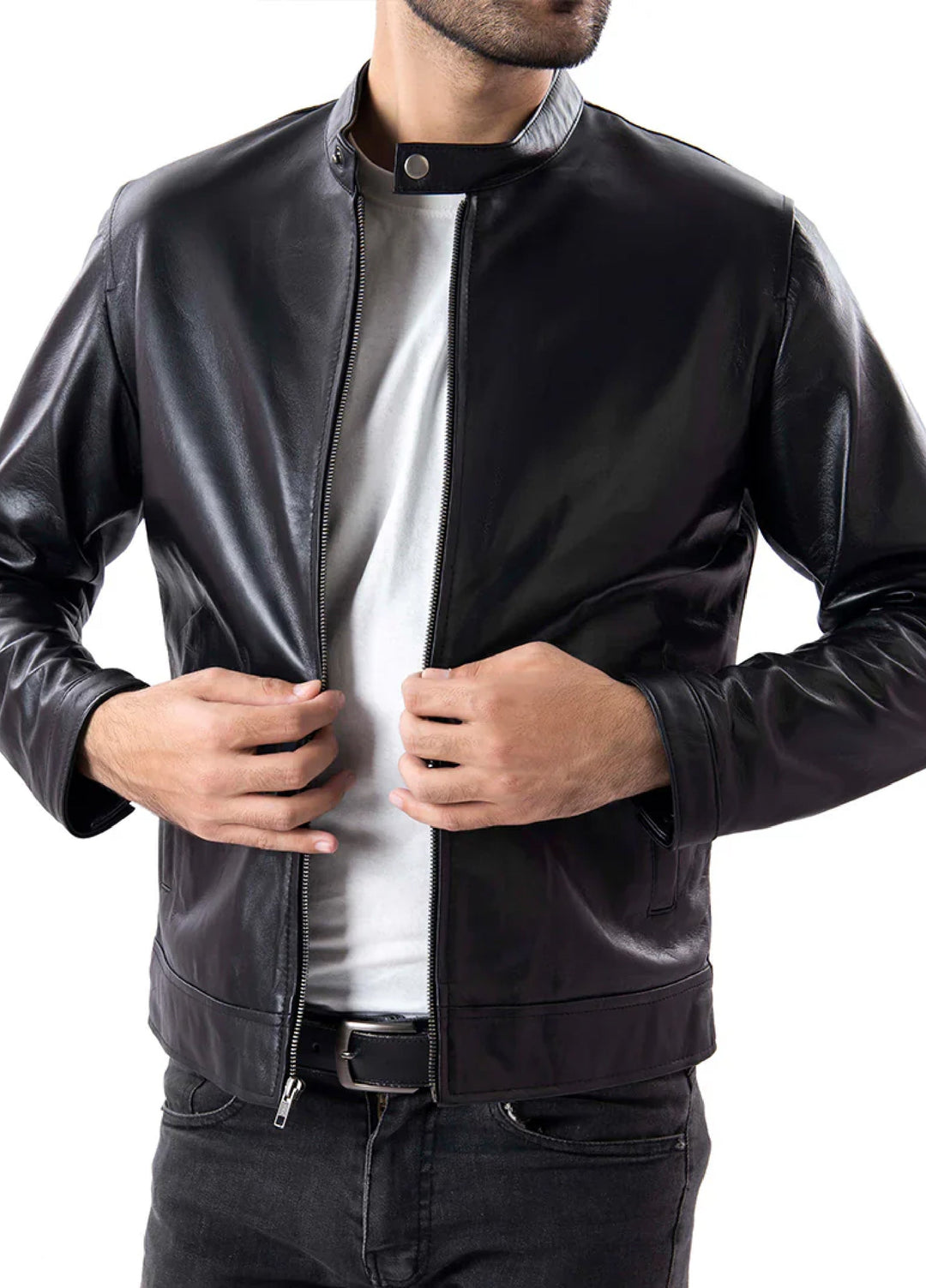 Black Mens Pure Sheep Leather Zipper Jacket