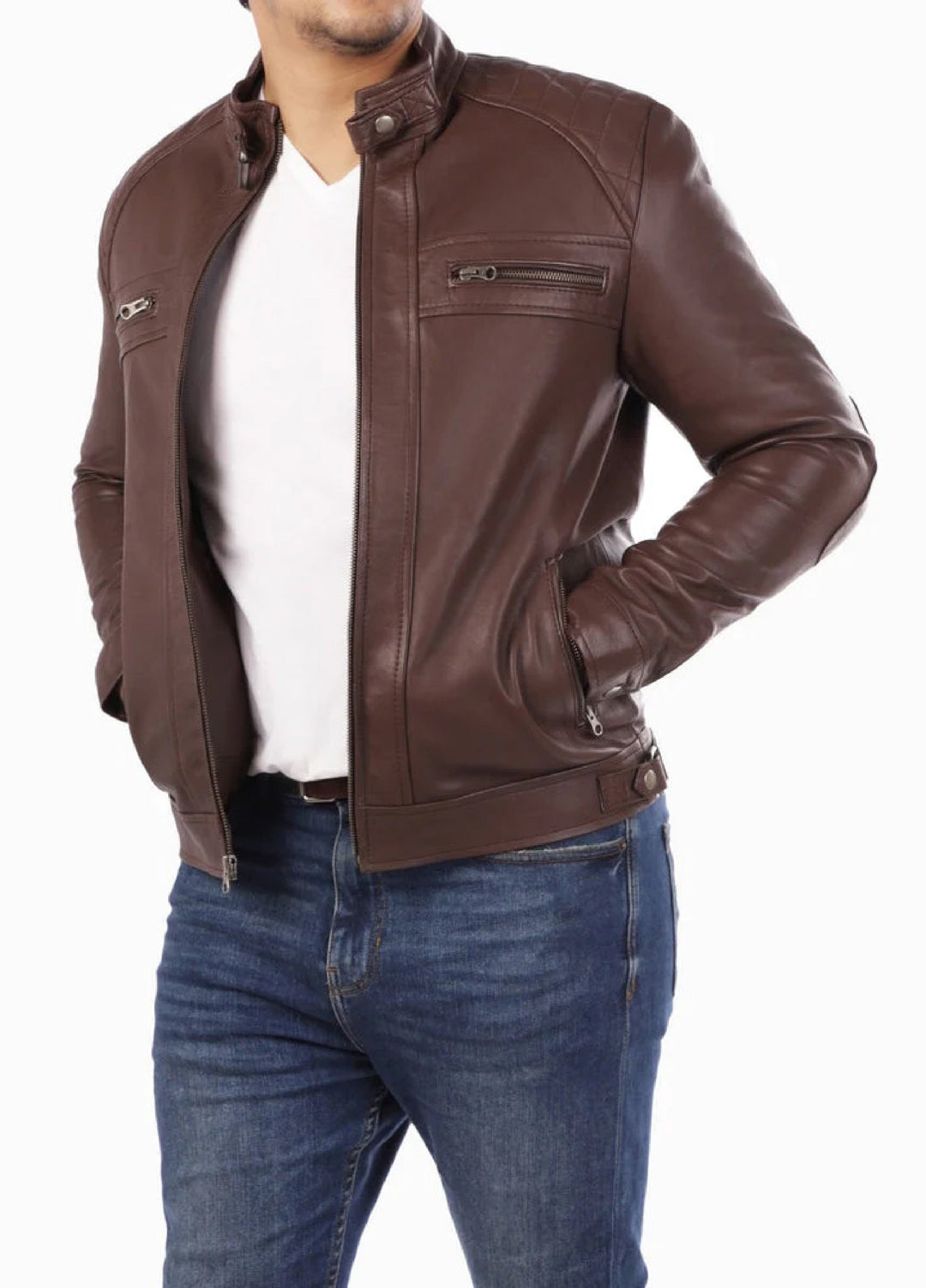 Men's Casual Signature Diamond Lambskin Leather Jacket-Brown