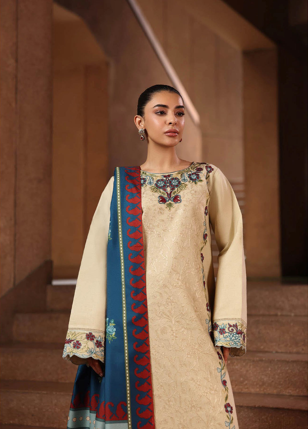 Rajbari Premium Unstitched Peach Winter Shawl Exclusive Embroidered Suits 3 Piece RB25PW D-5 - Winter Collection