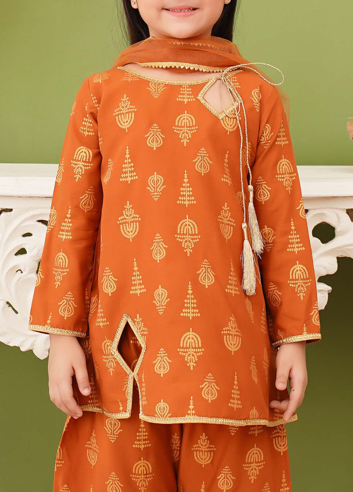 Modest Girls Pret Printed 3 Piece Linen Mustard Gharara D-17 - Festive Collection