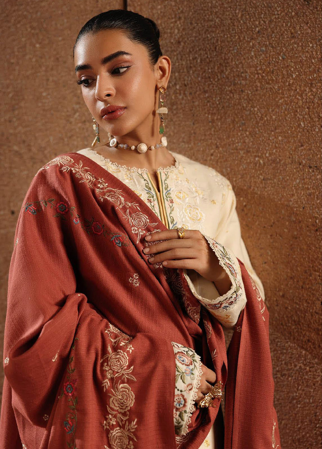 Rajbari Premium Unstitched Peach Winter Shawl Exclusive Embroidered Suits 3 Piece RB25PW D-11 - Winter Collection