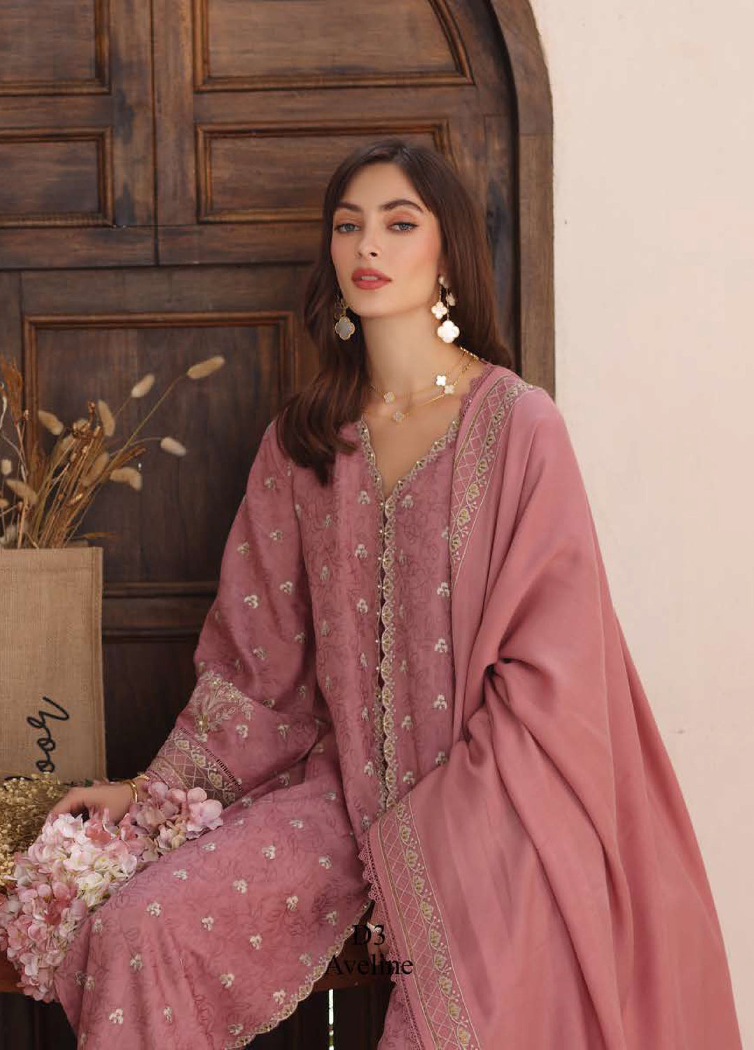 Noor by Saadia Asad Unstitched Jacquard Pashmina Shawl Embroidered Suits 3 Piece NSA25PW D3-Aveline - Winter Collection