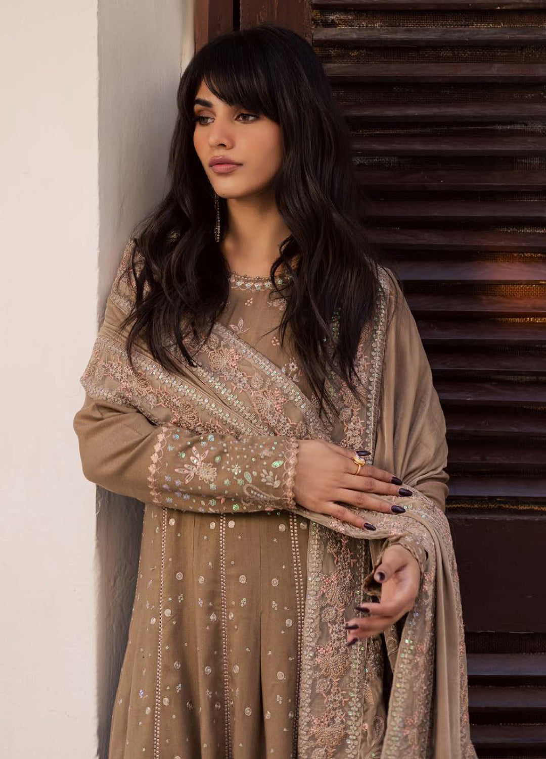 Nureh Exclusive Unstitched Luxury Leather Peach Embroidered Suits 3 Piece NU25EL NE-212 - Winter Collection