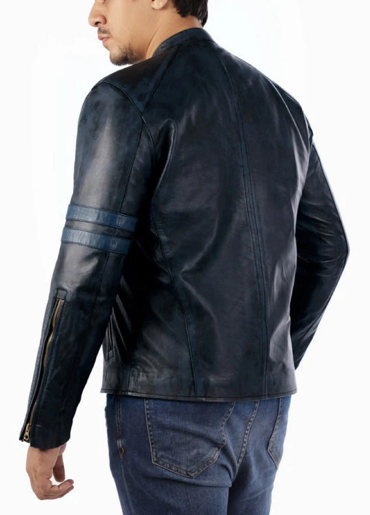 Cafe Racer Genuine Lambskin Leather Jacket-Blue
