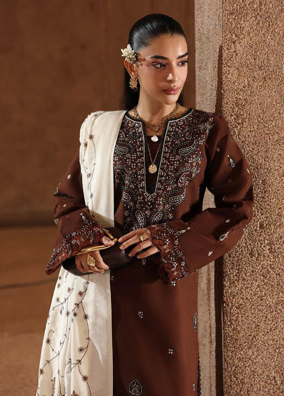 Rajbari Premium Unstitched Peach Winter Shawl Exclusive Embroidered Suits 3 Piece RB25PW D-8 - Winter Collection