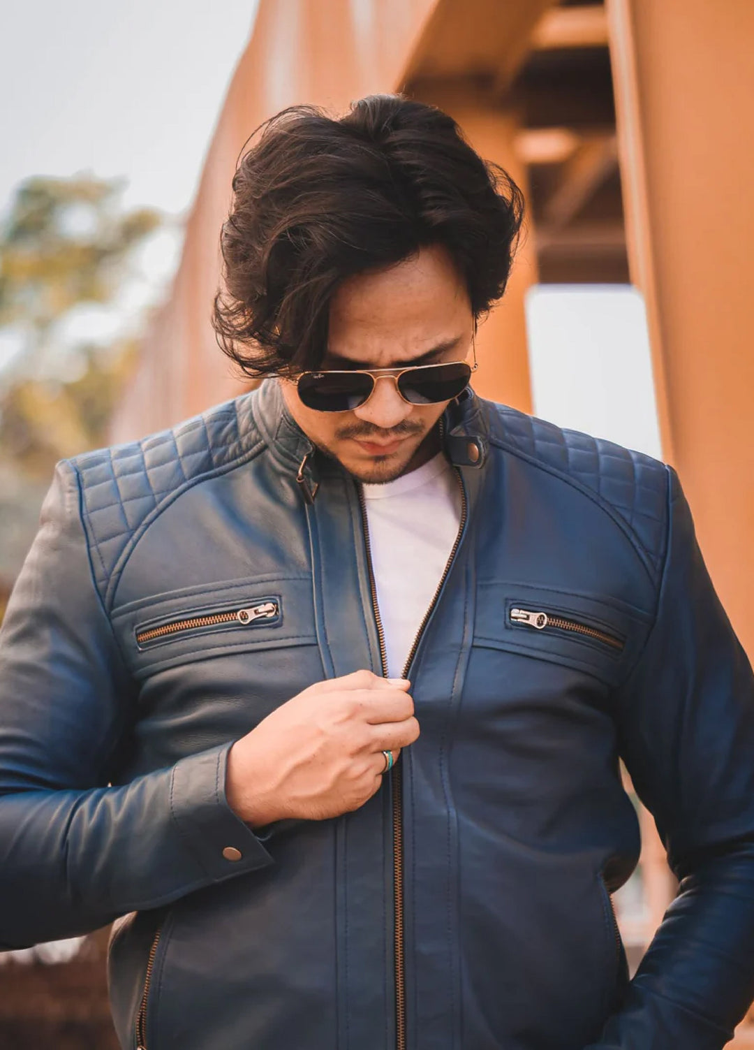 Men's Casual Signature Diamond Lambskin Leather Jacket-Blue