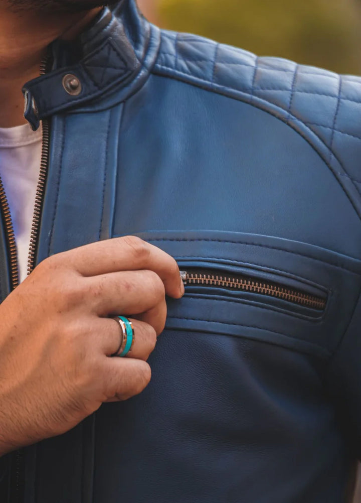 Men's Casual Signature Diamond Lambskin Leather Jacket-Blue