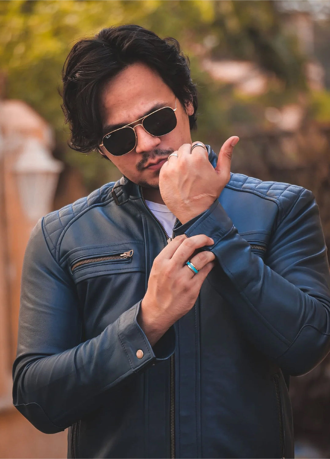 Men's Casual Signature Diamond Lambskin Leather Jacket-Blue