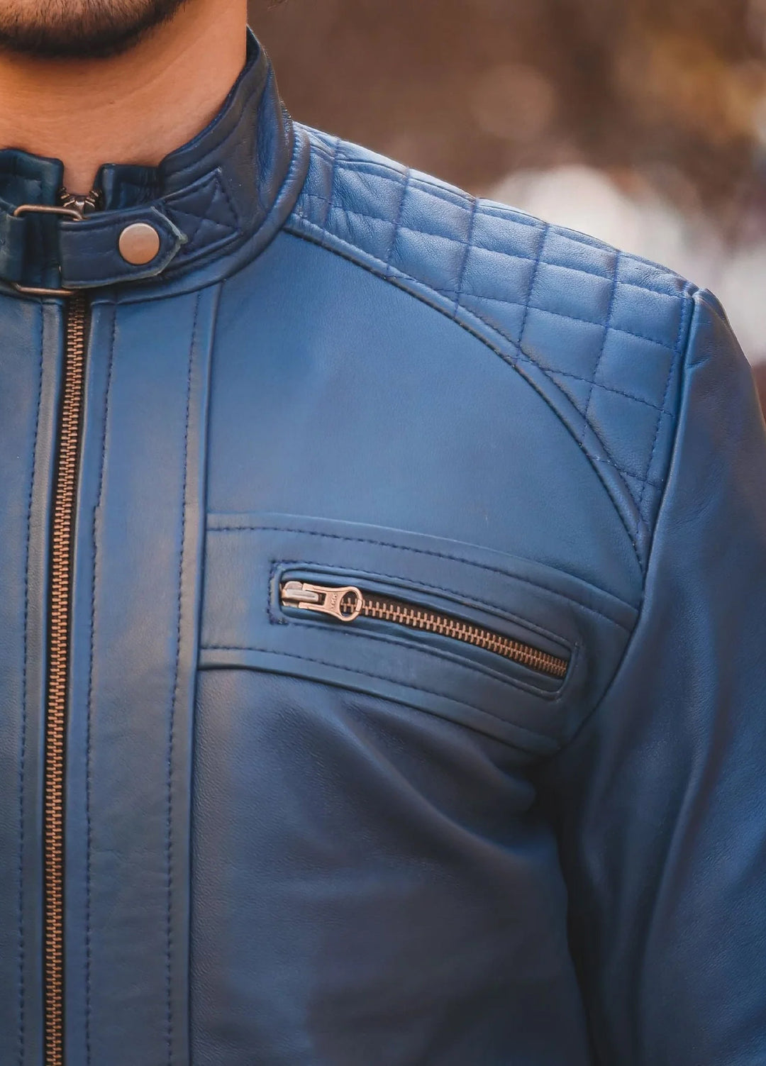 Men's Casual Signature Diamond Lambskin Leather Jacket-Blue