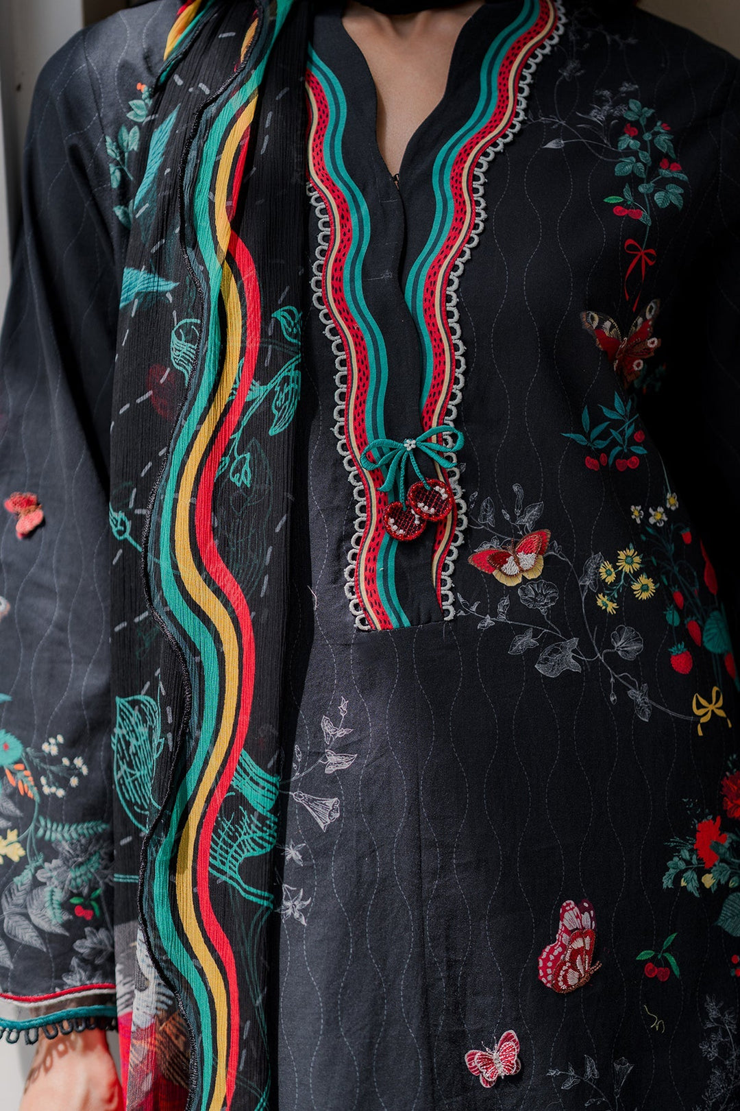 Nura by Sahar RTW Embroidered Cambric Co-Ord Sets Suit Black Forest Casual Collection