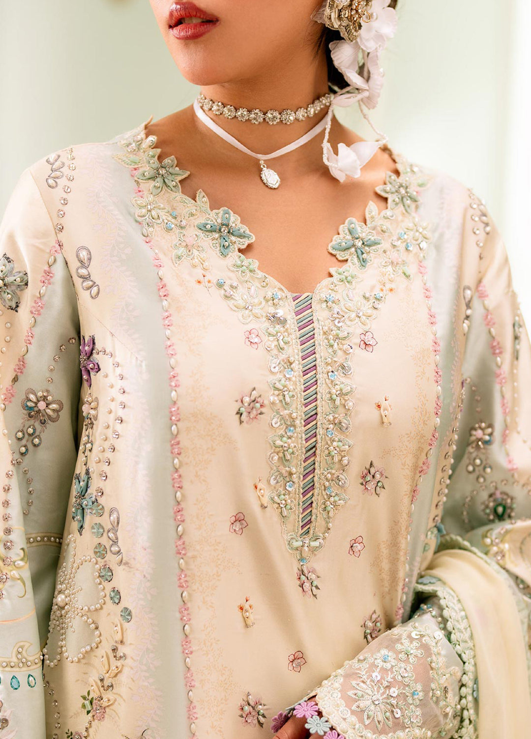 Luxe by Qalamkar Unstitched Embroidered Charmeuse Silk 3 Piece Suit QLK26UL Azure QSL-01 - Festive Collection