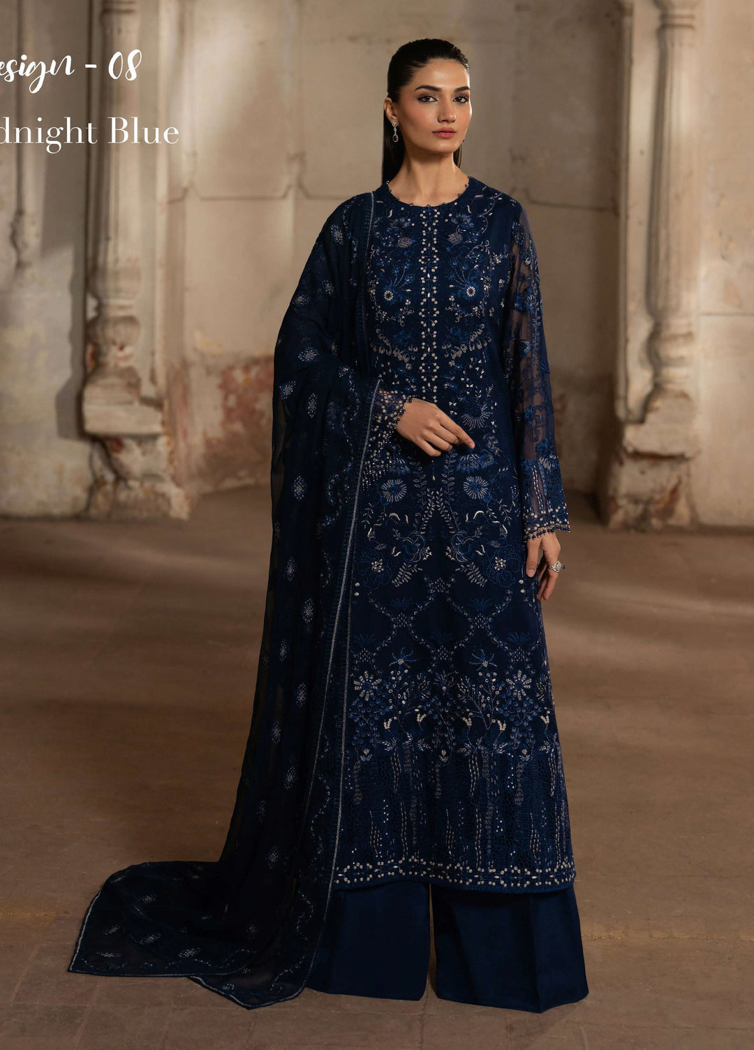 Humsafer by Lavish Premium Unstitched Embroidered Chiffon 3 Pcs Suit LVP26UH H-08 Midnight Blue - Festive