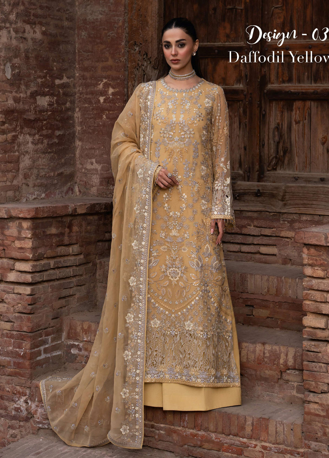Humsafer by Lavish Premium Unstitched Embroidered Chiffon 3 Pcs Suit LVP26UH H-03 Daffodil Yellow - Festive