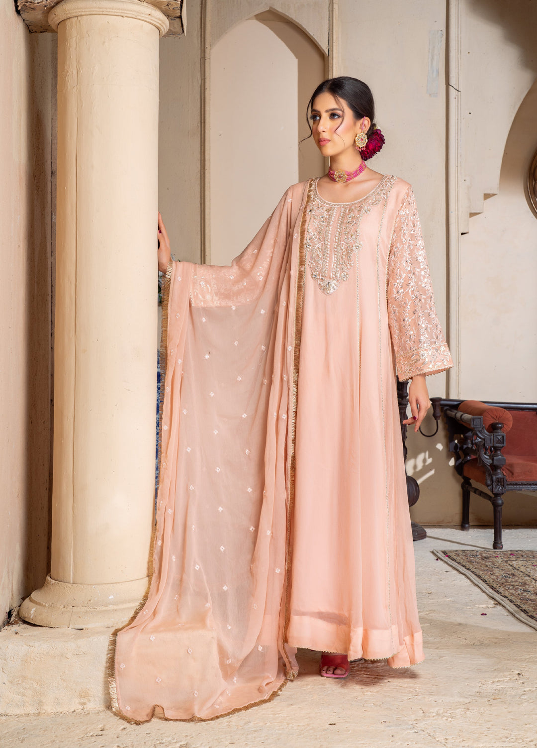 Rasm e Henna by Al Siyaab RTW Embroidered Chiffon 3 Piece Suit Raani Peach - Festive Collection