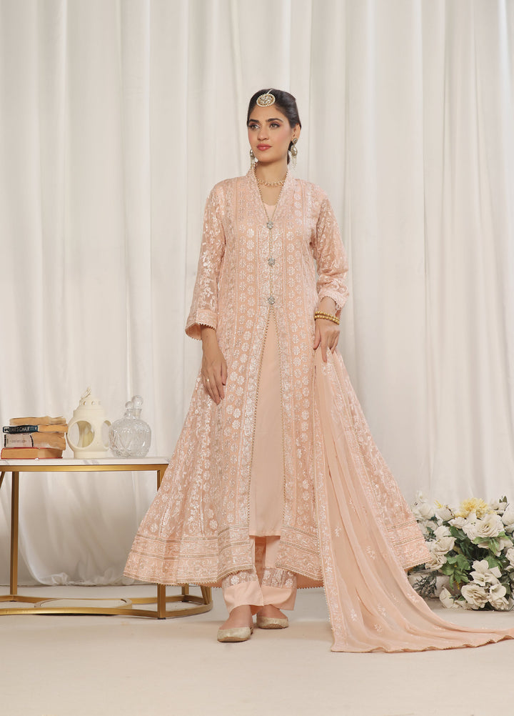 Rasm e Henna by Al Siyaab RTW Embroidered Chiffon 3 Piece Suit Noor e Nazakat Peach - Festive Collection