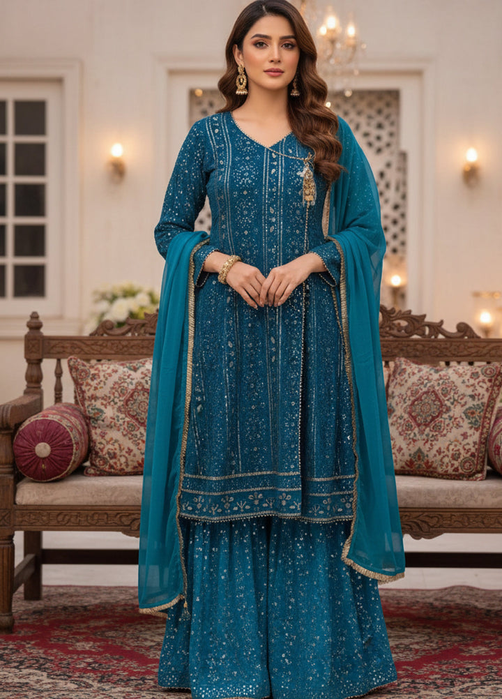 Rasm e Henna by Al Siyaab RTW Embroidered Chiffon 3 Piece Suit Miraal Peacock - Festive Collection