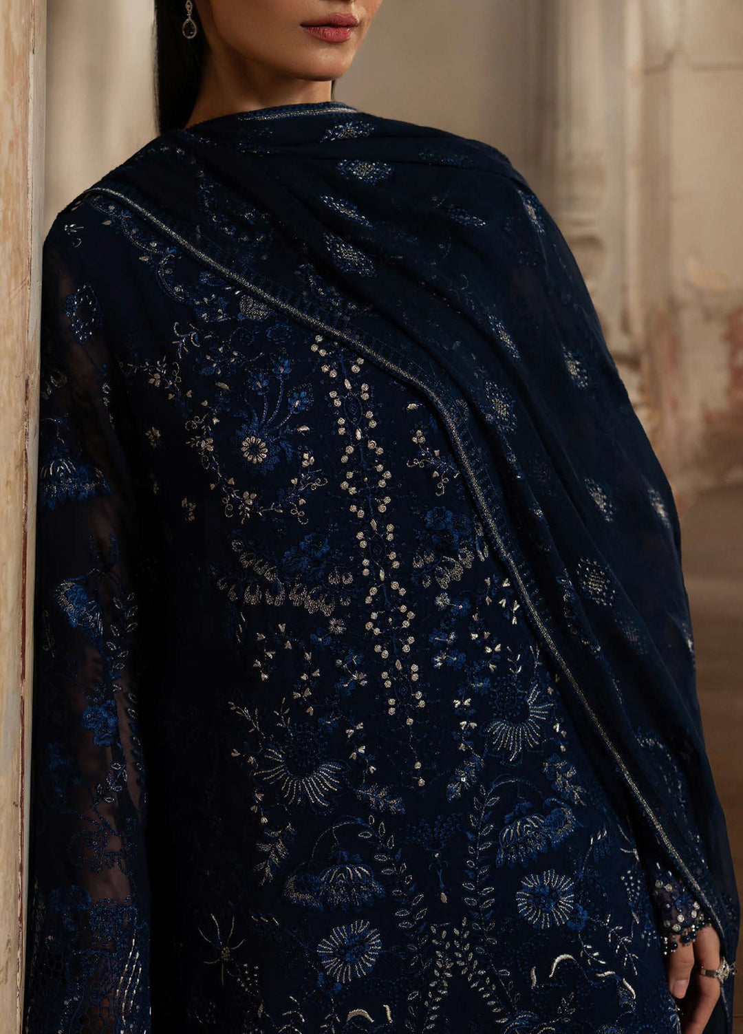 Humsafer by Lavish Premium Unstitched Embroidered Chiffon 3 Pcs Suit LVP26UH H-08 Midnight Blue - Festive