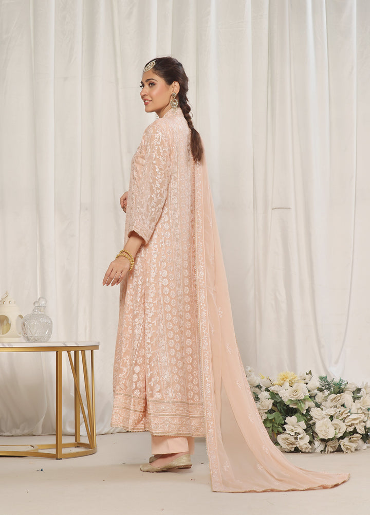 Rasm e Henna by Al Siyaab RTW Embroidered Chiffon 3 Piece Suit Noor e Nazakat Peach - Festive Collection