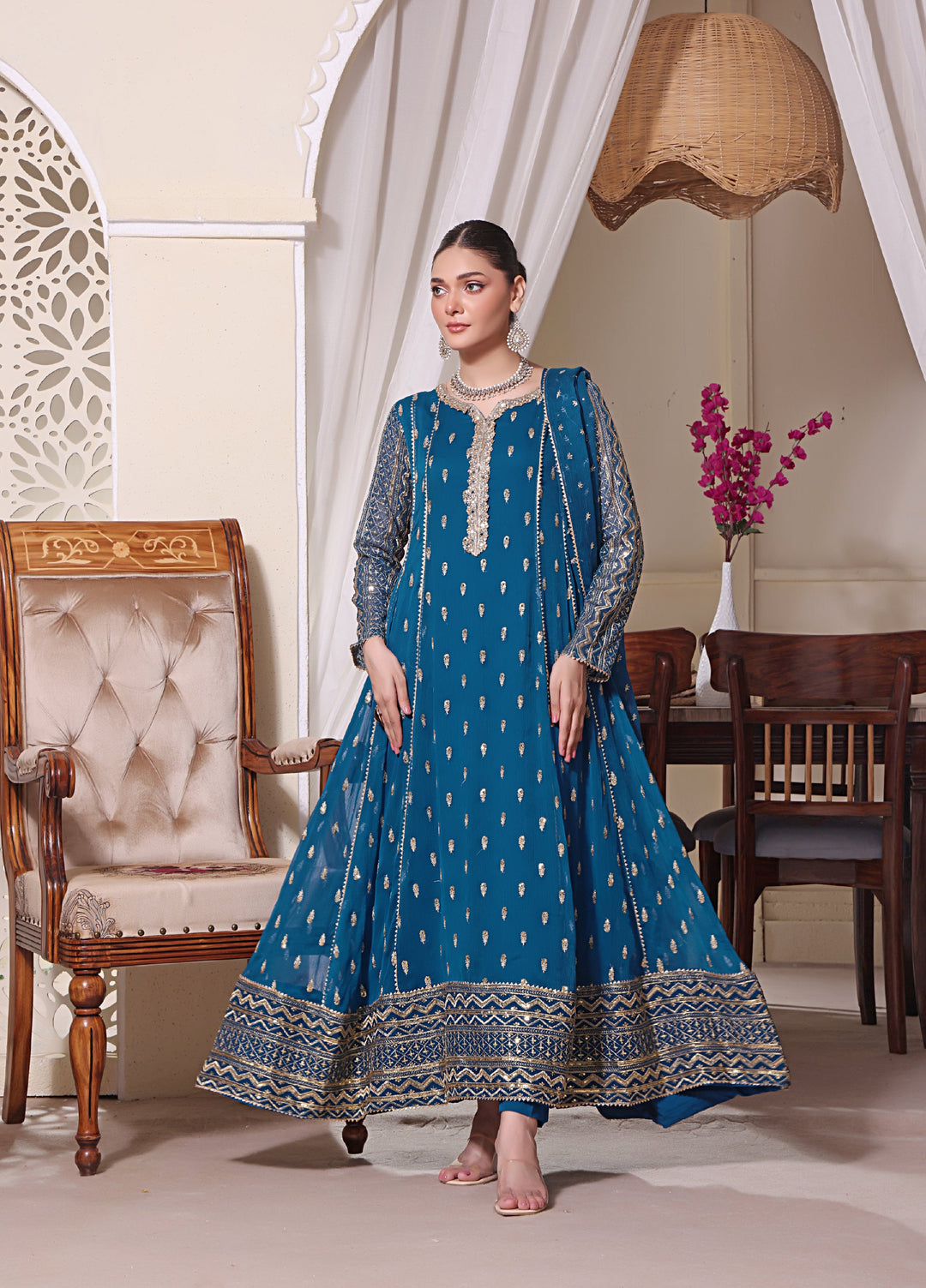 Rasm e Henna by Al Siyaab RTW Embroidered Chiffon 3 Piece Suit Bahaar Peacock - Festive Collection
