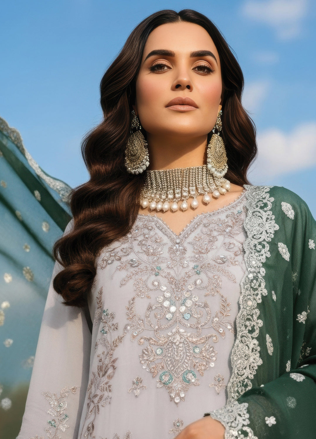 Mehr-E-Mah by Imrozia Premium Pret Embroidered Bamber Chiffon 3 Piece I-240 Selin - Festive Collection