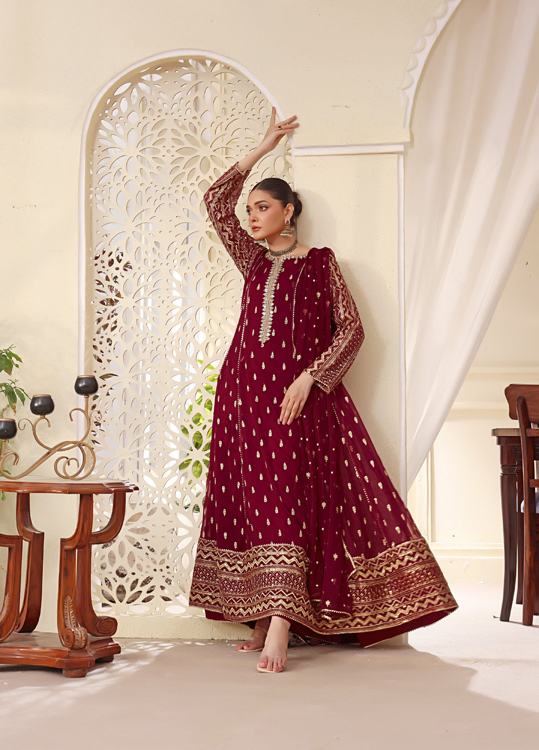 Rasm e Henna by Al Siyaab RTW Embroidered Chiffon 3 Piece Suit Bahaar Mehroon - Festive Collection