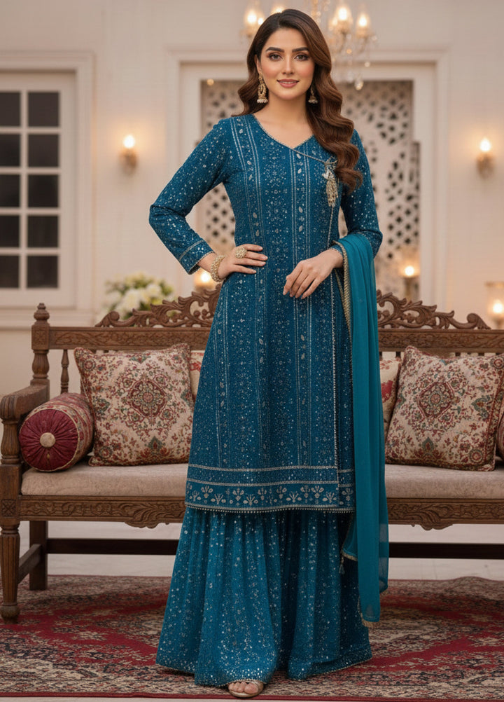 Rasm e Henna by Al Siyaab RTW Embroidered Chiffon 3 Piece Suit Miraal Peacock - Festive Collection