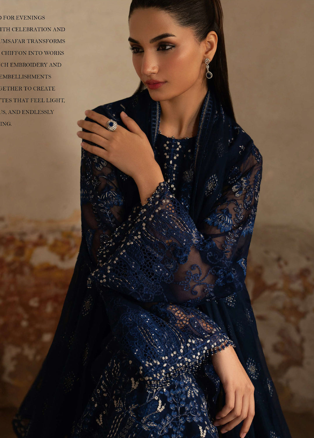 Humsafer by Lavish Premium Unstitched Embroidered Chiffon 3 Pcs Suit LVP26UH H-08 Midnight Blue - Festive