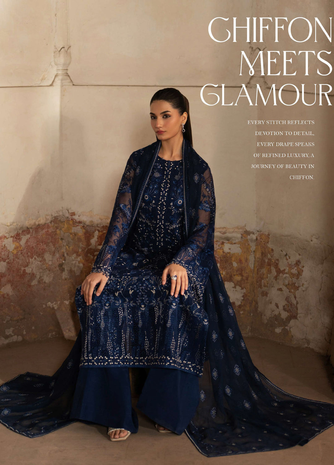 Humsafer by Lavish Premium Unstitched Embroidered Chiffon 3 Pcs Suit LVP26UH H-08 Midnight Blue - Festive