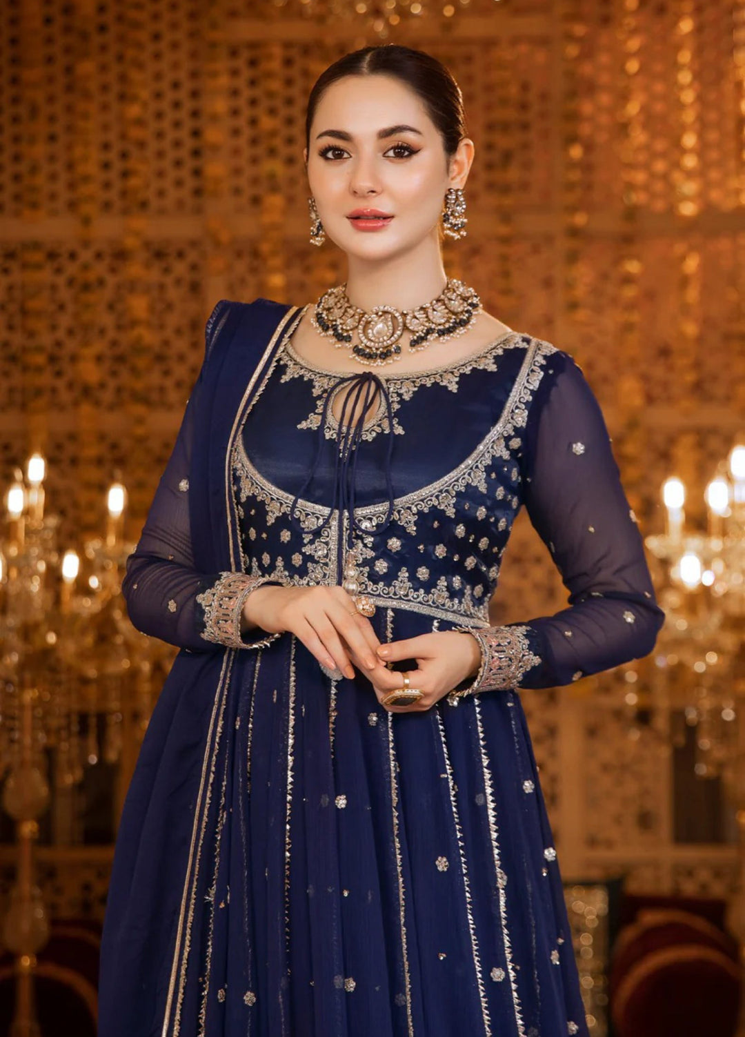 Rasm e Henna by Al Siyaab RTW Embroidered Chiffon 3 Piece Suit Nelofar Navy Blue - Festive Collection