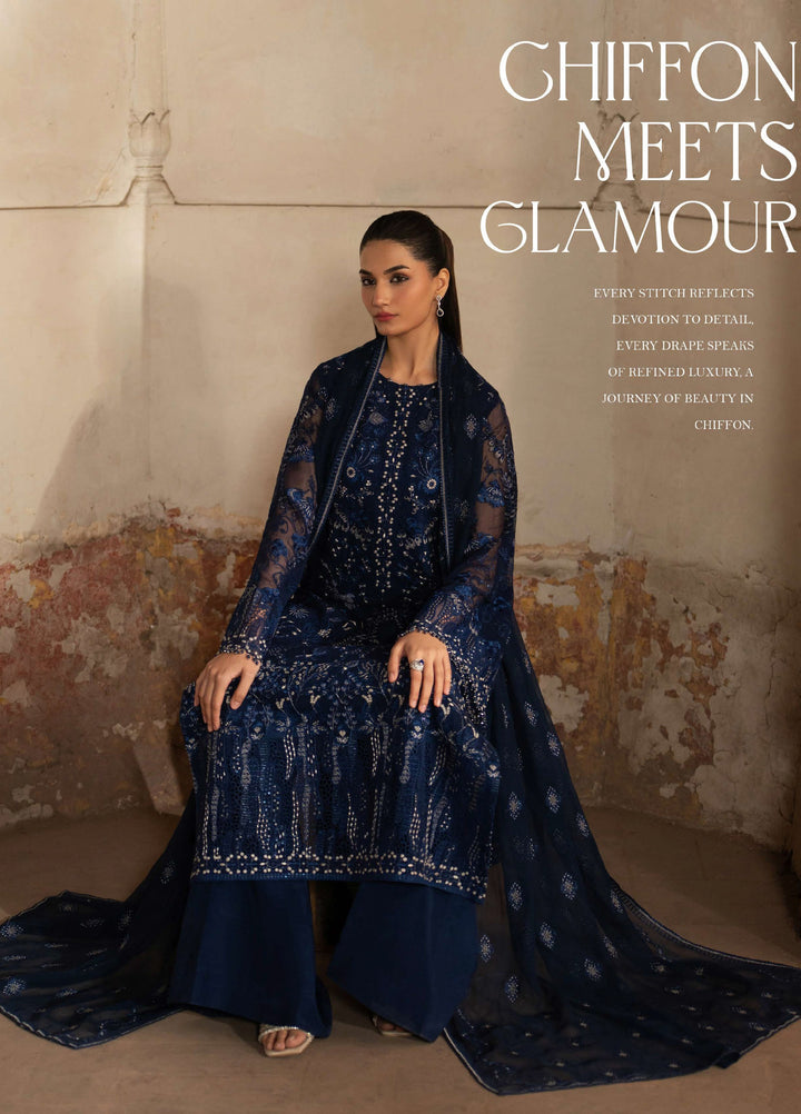 Humsafer by Lavish Premium Unstitched Embroidered Chiffon 3 Pcs Suit LVP26UH H-08 Midnight Blue - Festive