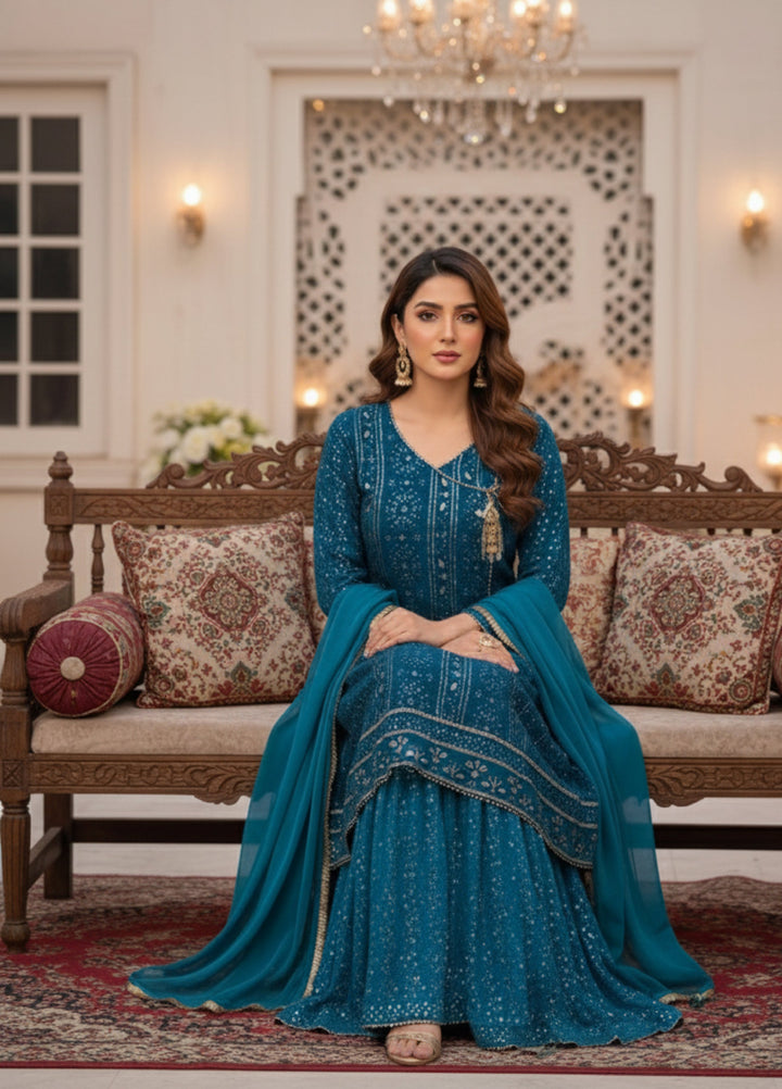 Rasm e Henna by Al Siyaab RTW Embroidered Chiffon 3 Piece Suit Miraal Peacock - Festive Collection