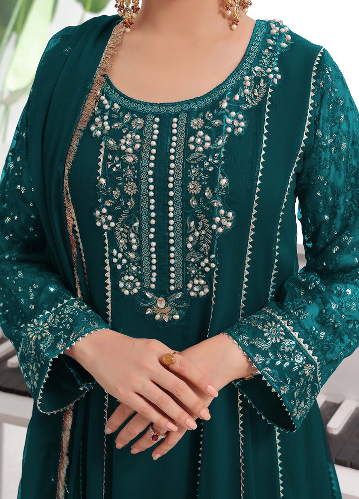 Rasm e Henna by Al Siyaab RTW Embroidered Chiffon 3 Piece Suit Raani Peacock - Festive Collection