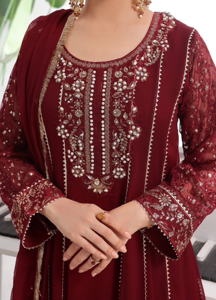 Rasm e Henna by Al Siyaab RTW Embroidered Chiffon 3 Piece Suit Raani Maroon - Festive Collection