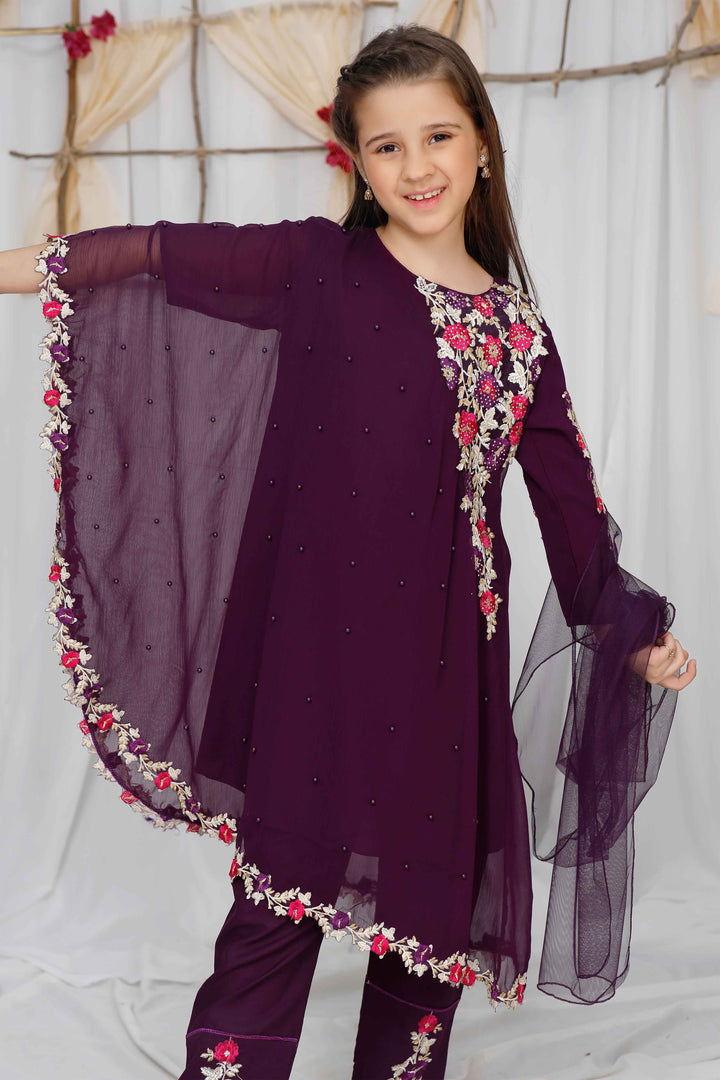 Modest Girls RTW Embroidered Chiffon 3 Piece Suit Pearl Cape Wedding Collection