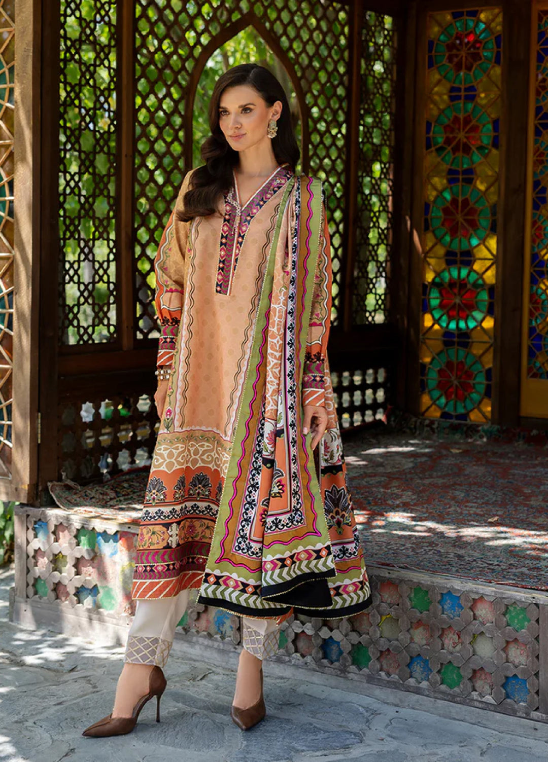 Mushq Hemline Echoes Of Serneity Unstitched Festive Raw Silk Printed 3 Piece MQ25ES D-01 Solara Crest - Festive Collection
