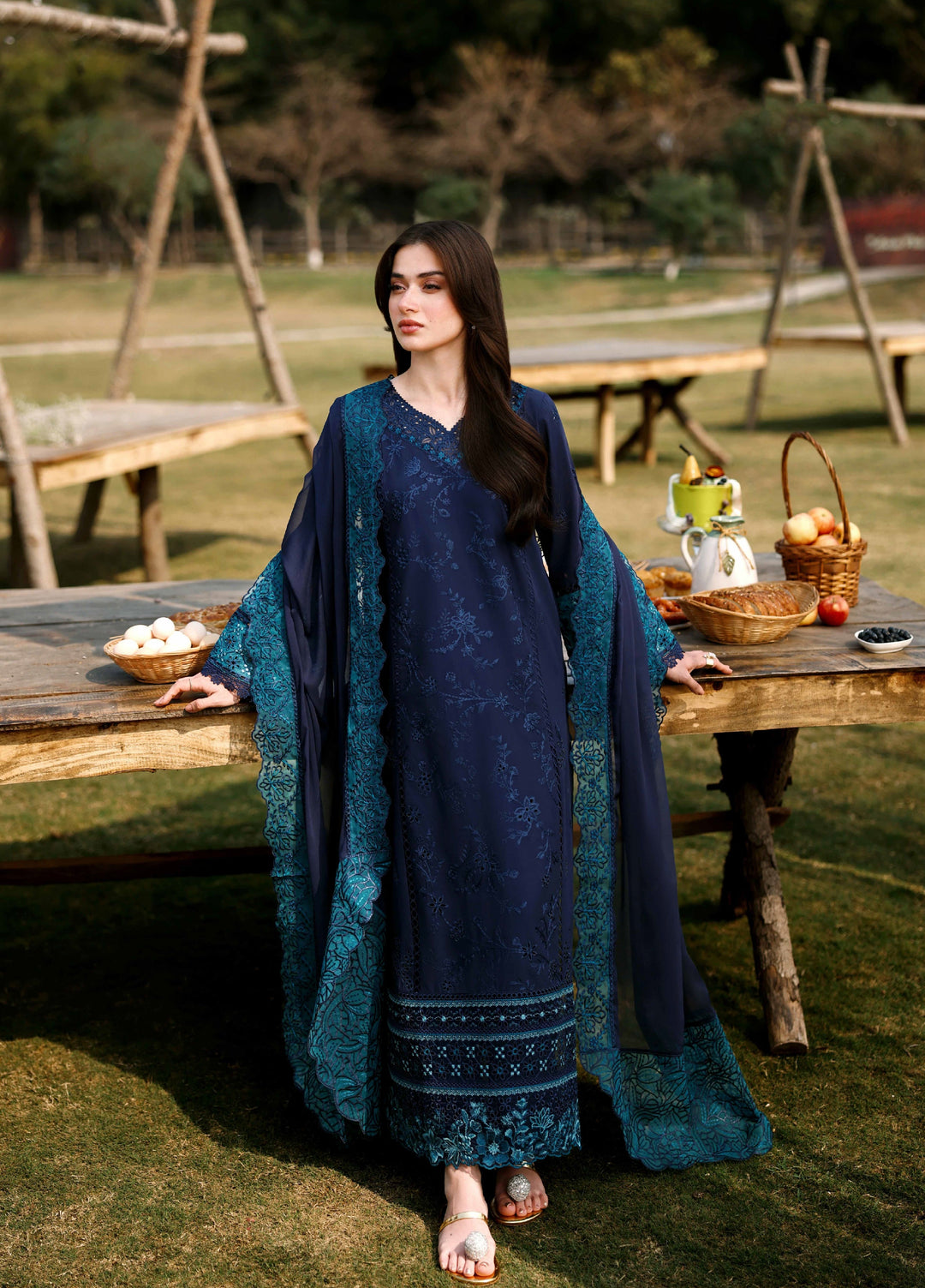 Azure Unstitched Embroidered Luxury Lawn 3 Piece Suit AZ26UAL 81 Blue Berry - Eid Collection