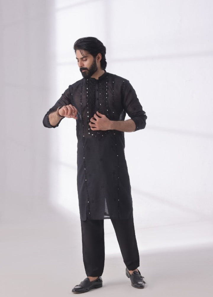 Bazm E Riwayat by Bin Musab Men Kurta Pajama Paper Cotton 2 Piece Mirror Edge - Festive Collection