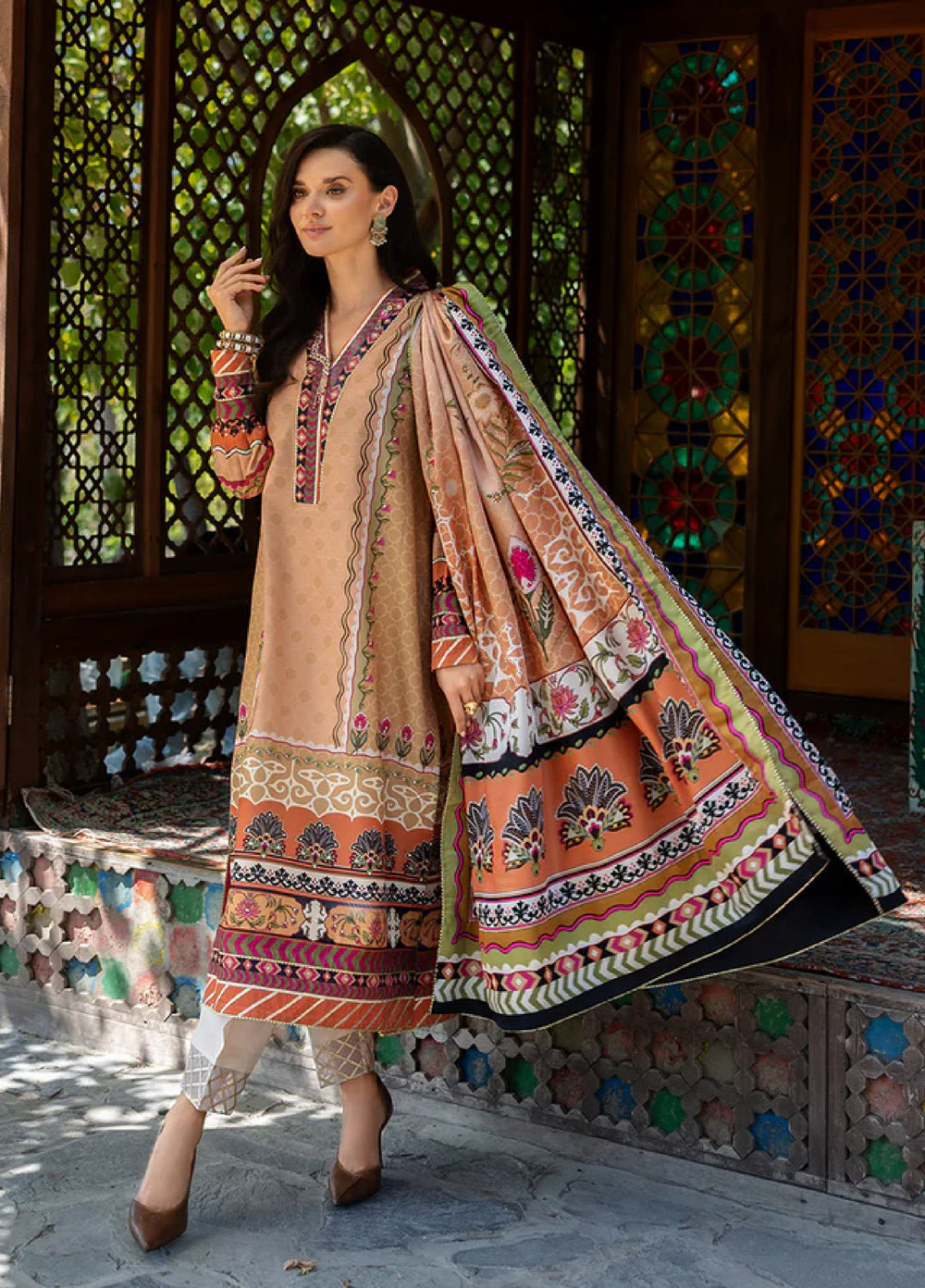 Mushq Hemline Echoes Of Serneity Unstitched Festive Raw Silk Printed 3 Piece MQ25ES D-01 Solara Crest - Festive Collection