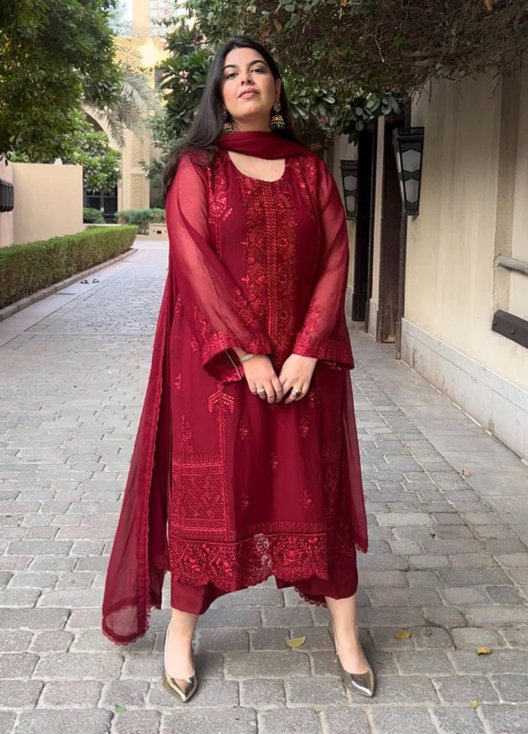 Ella By Sahane Embroidered Chiffon Suit Unstitched 3 Piece SNE23EL SAH-1011 Scarlet - Formal Collection