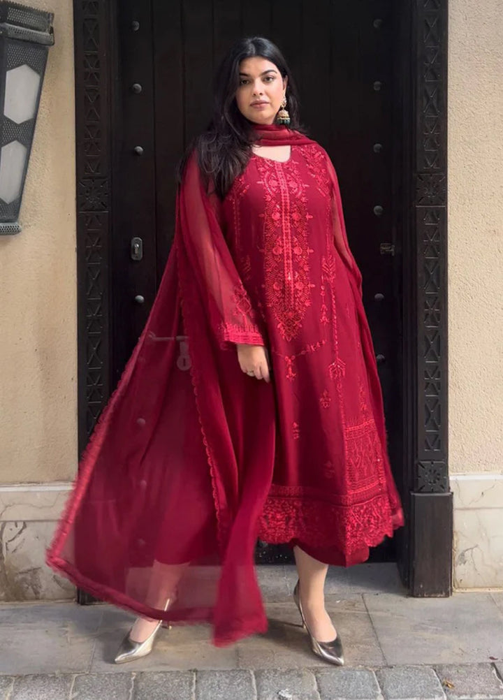 Ella By Sahane Embroidered Chiffon Suit Unstitched 3 Piece SNE23EL SAH-1011 Scarlet - Formal Collection