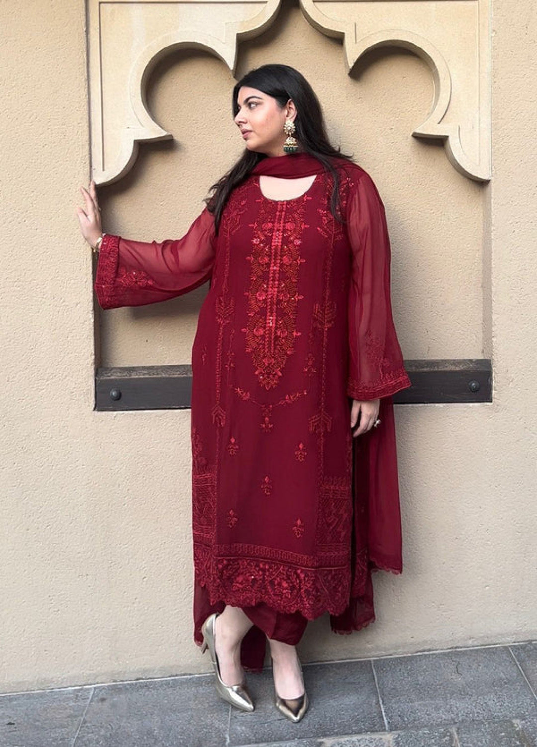 Ella By Sahane Embroidered Chiffon Suit Unstitched 3 Piece SNE23EL SAH-1011 Scarlet - Formal Collection