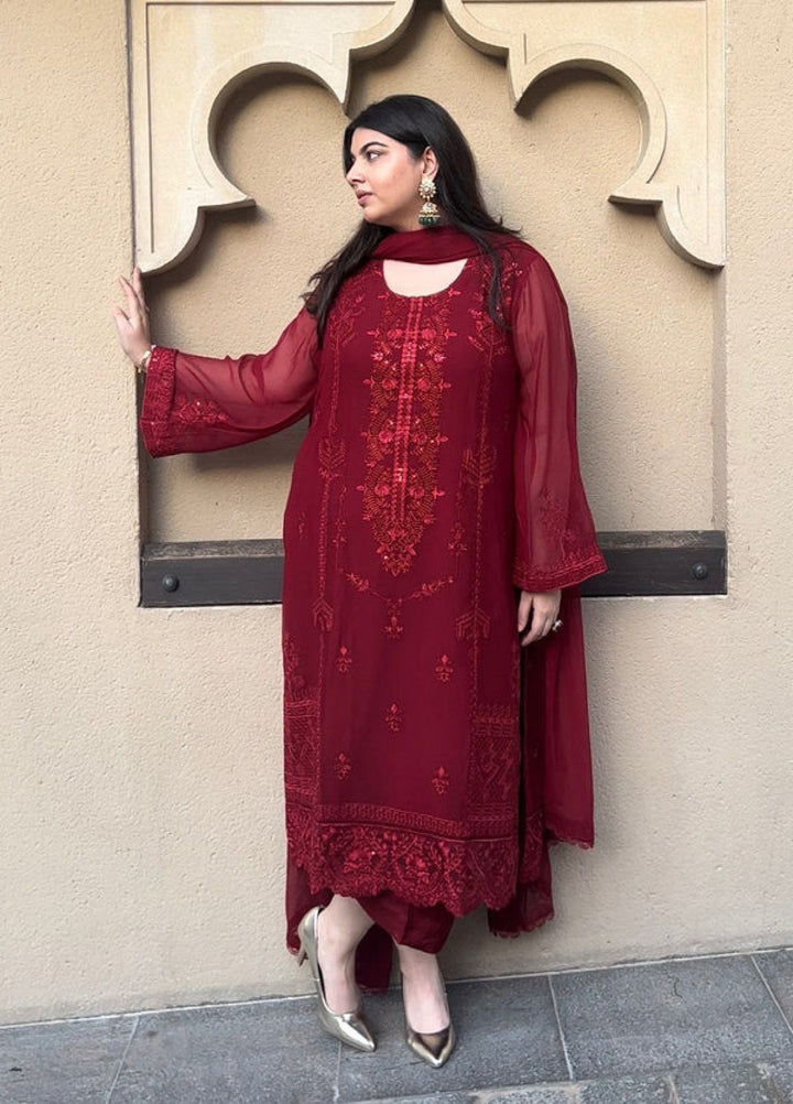 Ella By Sahane Embroidered Chiffon Suit Unstitched 3 Piece SNE23EL SAH-1011 Scarlet - Formal Collection