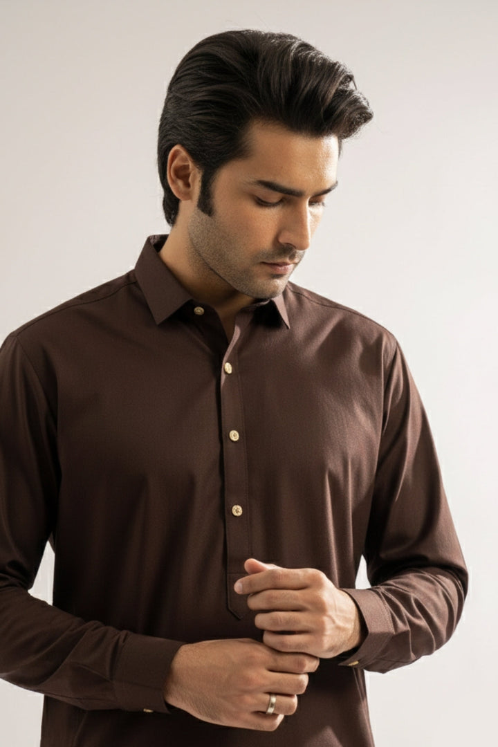 Edge Republic Mens RTW Shalwar Kameez Wash N wear Dark Brown Premium  - Festive Collection