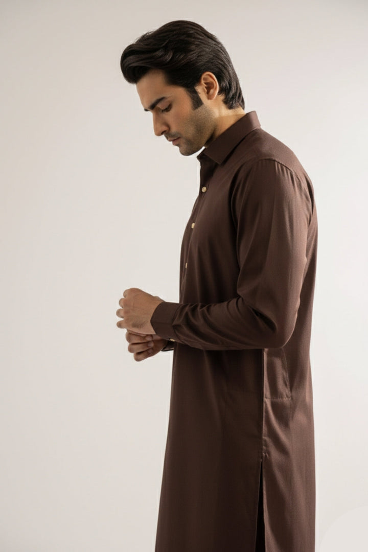 Edge Republic Mens RTW Shalwar Kameez Wash N wear Dark Brown Premium  - Festive Collection