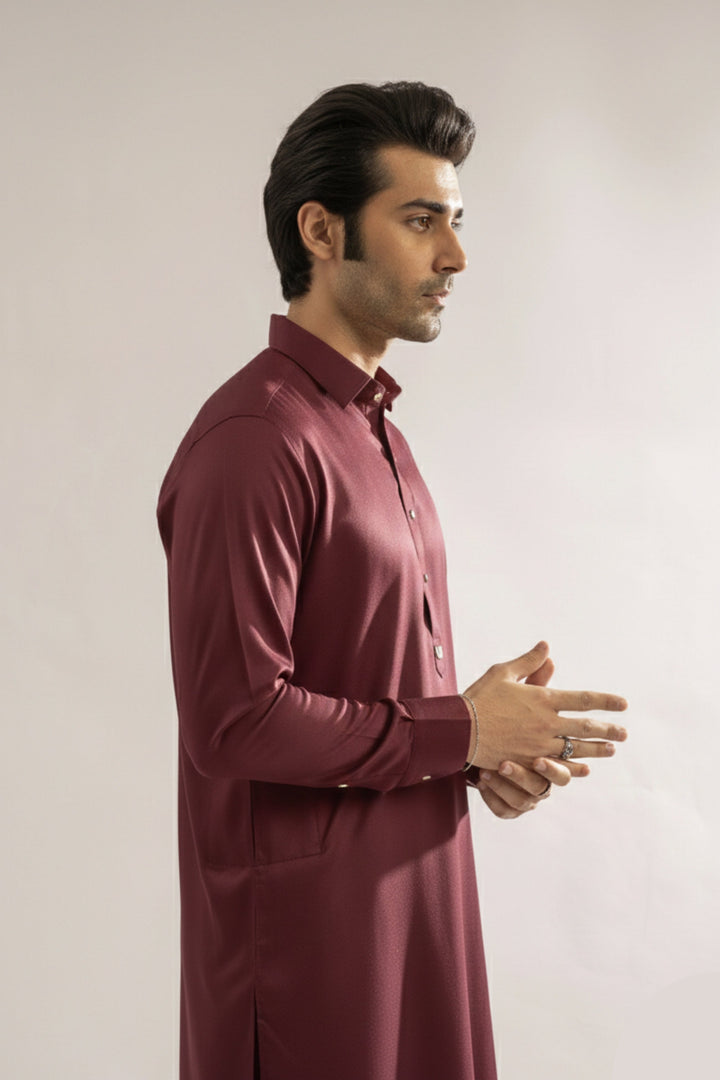 Edge Republic Mens RTW Shalwar Kameez Wash N wear Maroon Premium  - Festive Collection