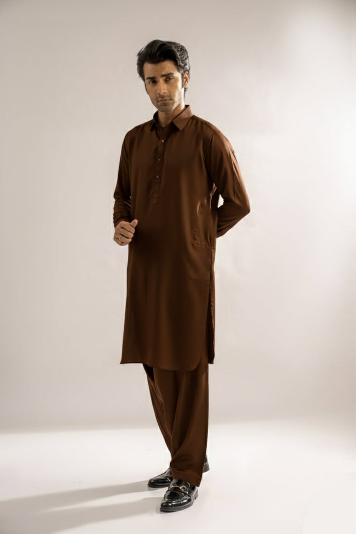 Edge Republic Mens RTW Shalwar Kameez Wash N wear Chocolate Brown Premium  - Festive Collection