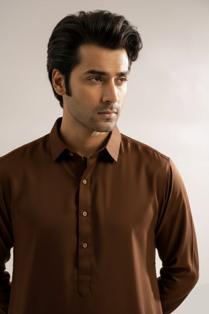 Edge Republic Mens RTW Shalwar Kameez Wash N wear Chocolate Brown Premium  - Festive Collection