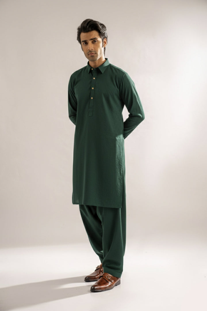 Edge Republic Mens RTW Shalwar Kameez Wash N wear Dark Green Premium  - Festive Collection